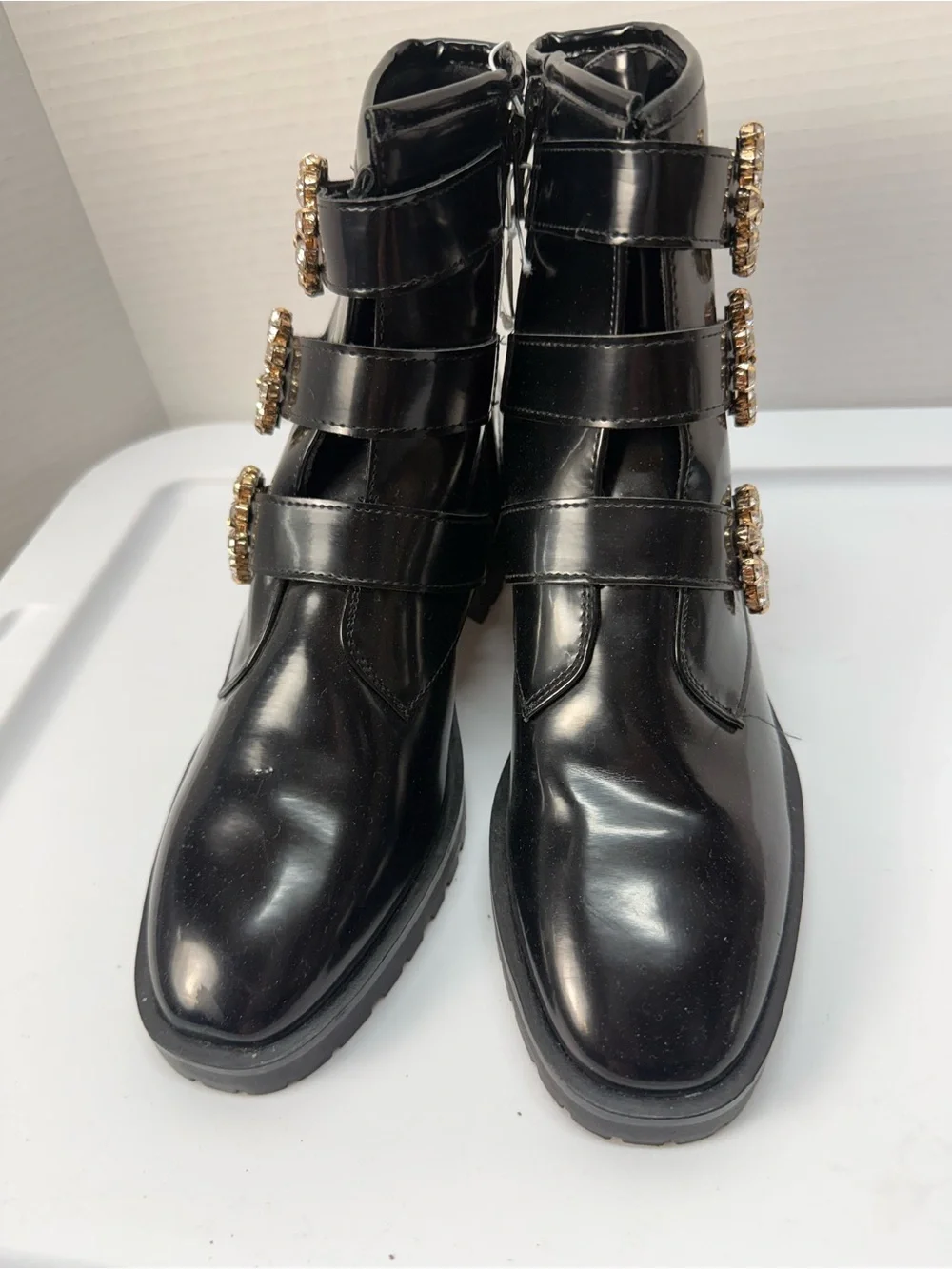 Nanette Lepore Iggy Black Patent Leather Buckle-Embellished Ankle Boots NEW 7